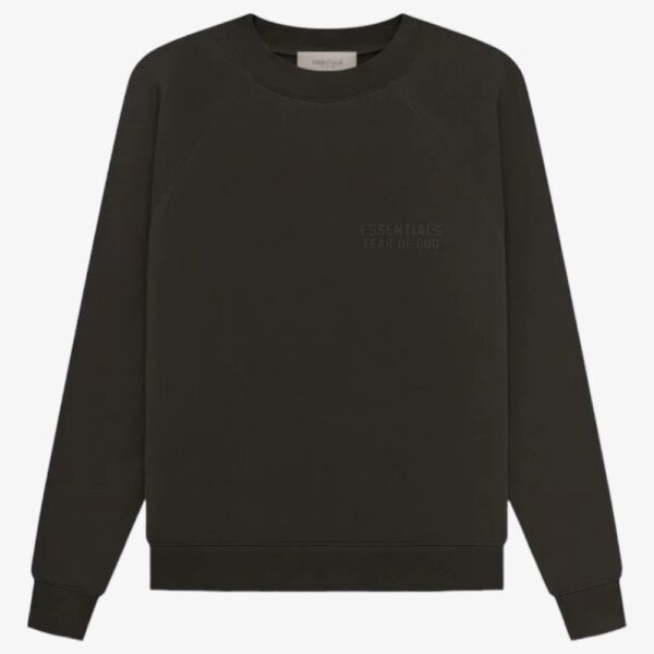 The Fear of God ESSENTIALS Long Sleeve Polo Sweatshirt in dark green features a subtle embossing of the ESSENTIALS FEAR OF GOD text on the chest. This sweatshirt has a crew neck and plain design, set against a white background.