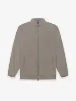 Beige Wool Nylon Track Jacket with a high collar and long sleeves, featuring a minimalist design with pockets, elastic cuffs, and hem, displayed on a plain white background.