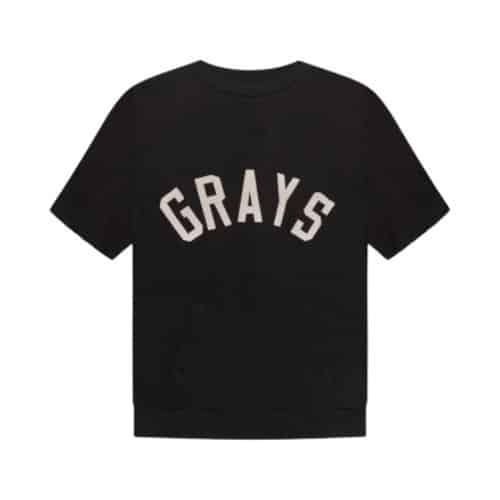 The Fear of God Essentials Grays T-Shirt 'Black' features the word GRAYS in bold, white letters across the upper back, set against a plain white background.