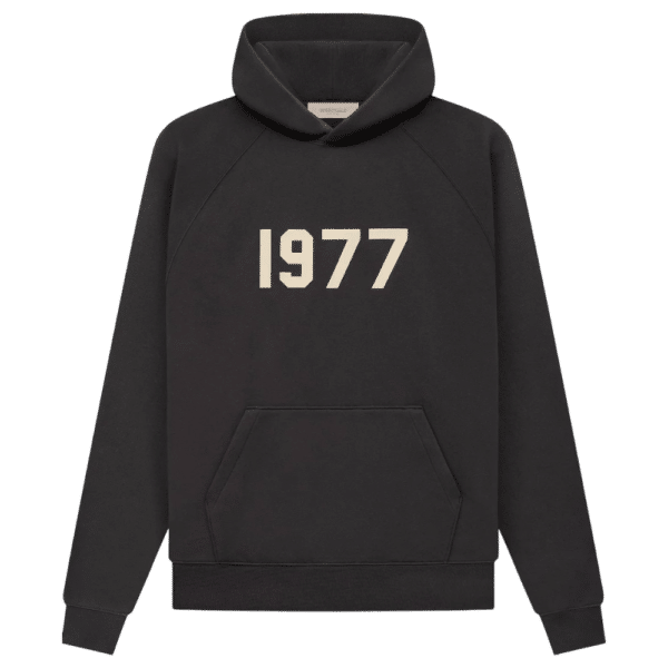 Fear of God 1977 Essentials Hoodie 'Off-Black' featuring a front pocket and large beige numbers 1977 on the chest.