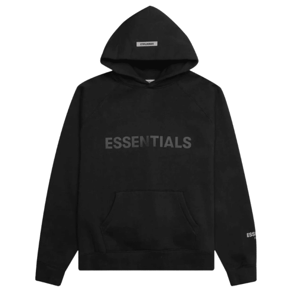 Introducing the Fear of God Essentials Pullover Hoodie 'Black', a minimalist design featuring a front pocket and displaying the word ESSENTIALS in bold, gray letters across the front.