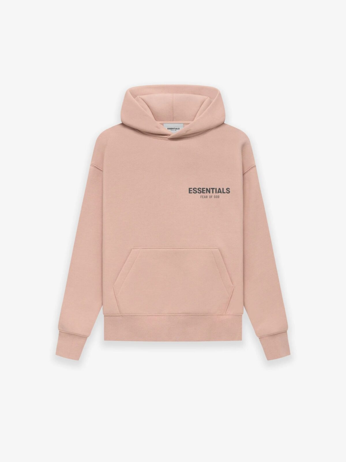 A 'Pink' hoodie from Fear of God Essentials features a front pocket and hood. The chest showcases the text ESSENTIALS Fear of God in black print, set against a plain white background.