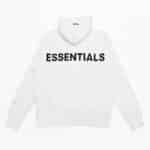 A white Fear Of God Essentials Reflective Letter Hoodie featuring large black letters spelling out ESSENTIALS across the back.