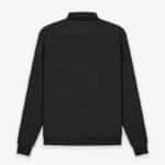 Back view of the Fear of God ESSENTIALS Long Sleeve Polo Sweatshirt in black, featuring a ribbed collar, cuffs, and hem, displayed on a plain white background.