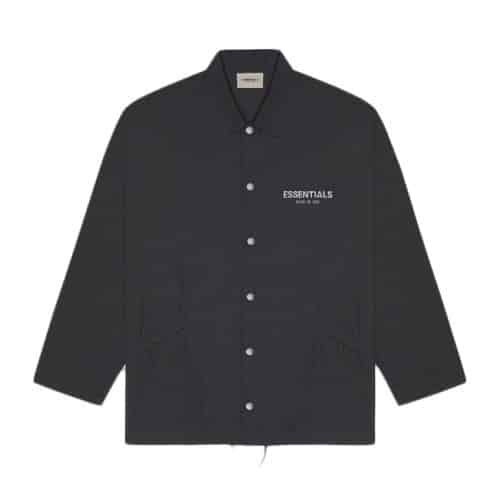 A Fear of God Essentials Black Jacket featuring long sleeves, a button-up front, and the word "ESSENTIALS" printed in white on the chest.