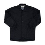 The Fear of God Essentials Coach Jacket is a long-sleeved black button-up jacket with a collar.