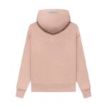 Introducing the Fear of God Essentials Pullover Hoodie in 'Pink', boasting a minimalist and stylish design. This hoodie features the word ESSENTIALS embossed on the back and is equipped with long sleeves, a hood, and ribbed cuffs and hem.