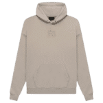 Fear of God Essentials FG Hoodie 'Core-Heather' in beige with an embossed FG on the chest. It includes a front pocket and has a relaxed fit, displayed laid flat.