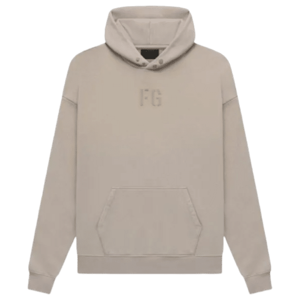 Fear of God Essentials FG Hoodie 'Core-Heather' in beige with an embossed FG on the chest. It includes a front pocket and has a relaxed fit, displayed laid flat.