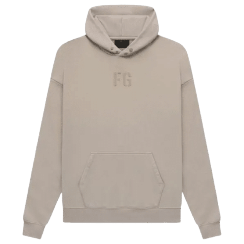 Fear of God Essentials FG Hoodie 'Core-Heather' in beige with an embossed FG on the chest. It includes a front pocket and has a relaxed fit, displayed laid flat.